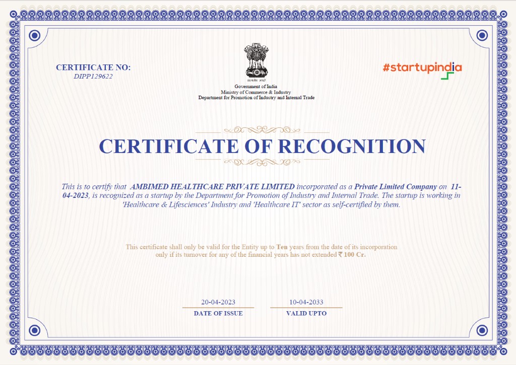 Certificate of Recognition from DPIIT, Ministry of Commerce & Industry, Government of India for Ambimed Healthcare Private Limited