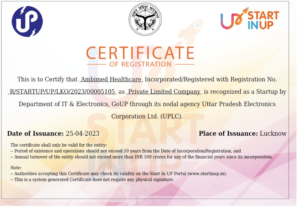 Certificate of Registration under Start In UP for Ambimed Healthcare as a private limited startup