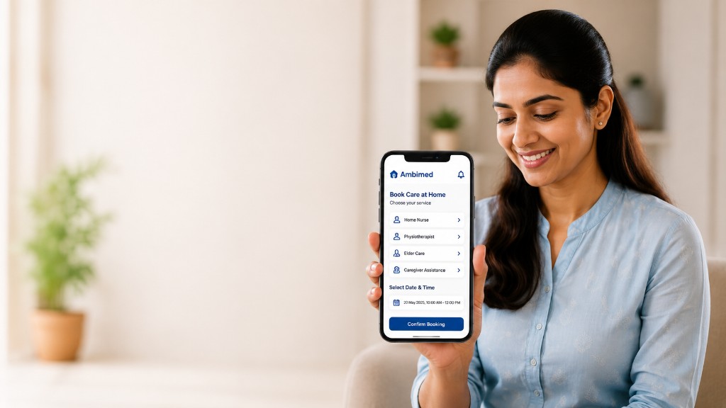Woman booking Ambimed home healthcare on the Android app with OTP sign-in