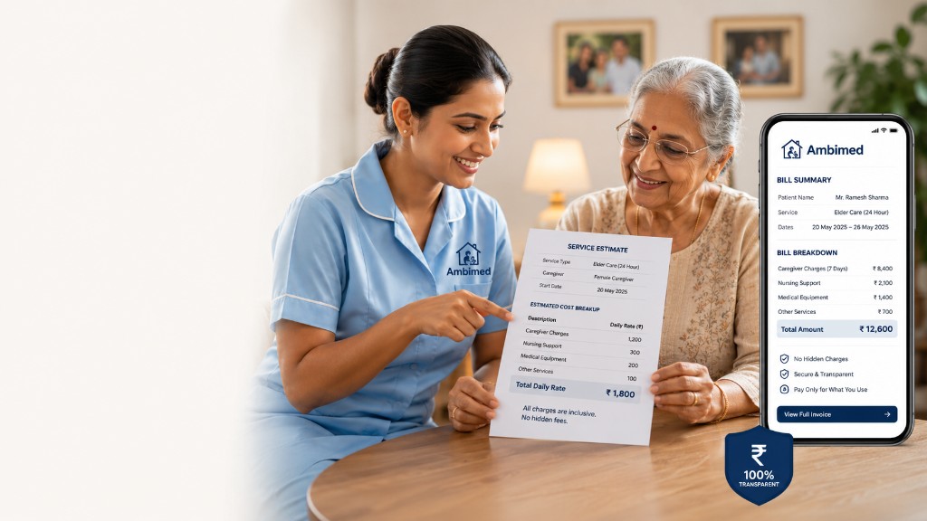 Caregiver and family reviewing a transparent Ambimed service estimate with clear daily rates